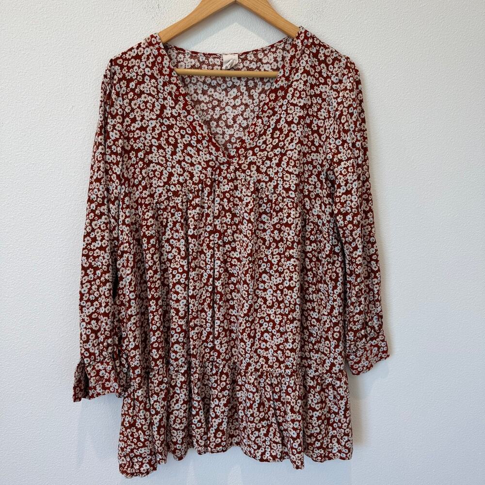 VICI Flawless Ditsy Floral Long Cuffed Sleeve Babydoll Dress Red Brown Medium - Picture 9 of 10
